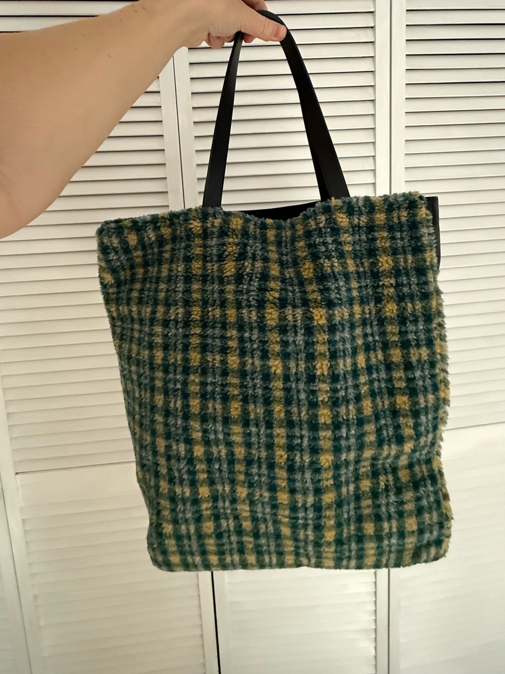 Marni Green and Yellow Plaid Faux Shearling Tote with Black Straps